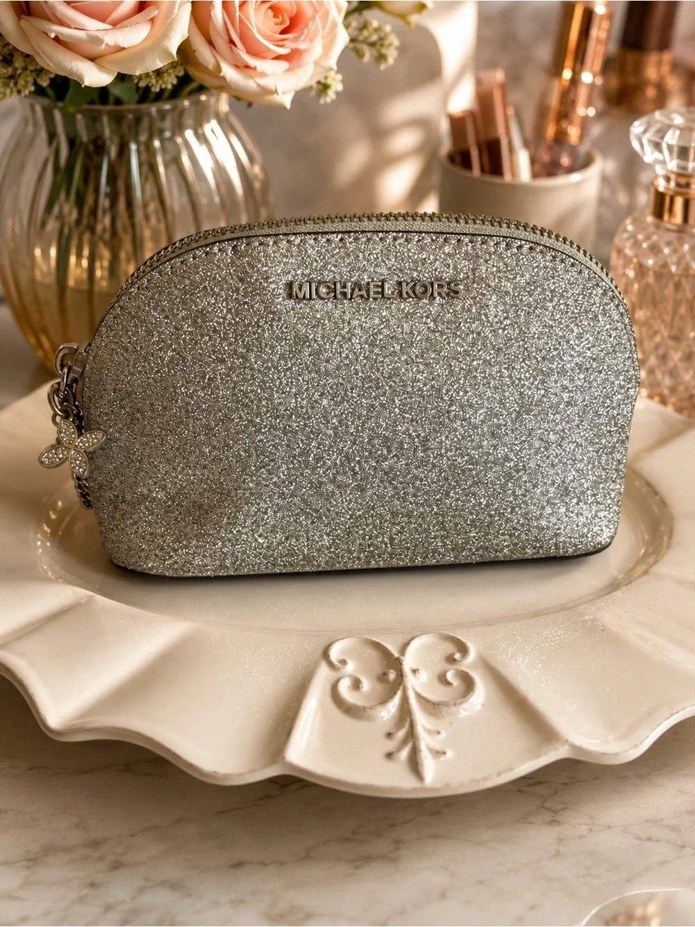Michael Kors Silver Glitter Cosmetic Makeup Bag Travel Toiletry Zip Pouch Case